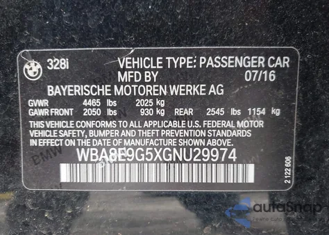 2016 BMW 328I из США, поврежденный, VIN WBA8E9G5XGNU29974